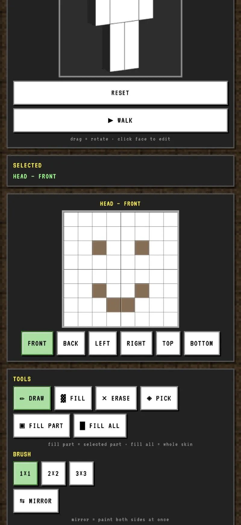 The head's front face open as an eight by eight grid with a painted face, and buttons for front, back, left, right, top and bottom.