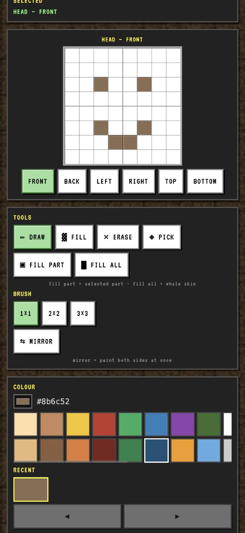 The tools panel with draw, fill, erase and pick, brush sizes, a mirror toggle, and a colour palette showing the current hex value.