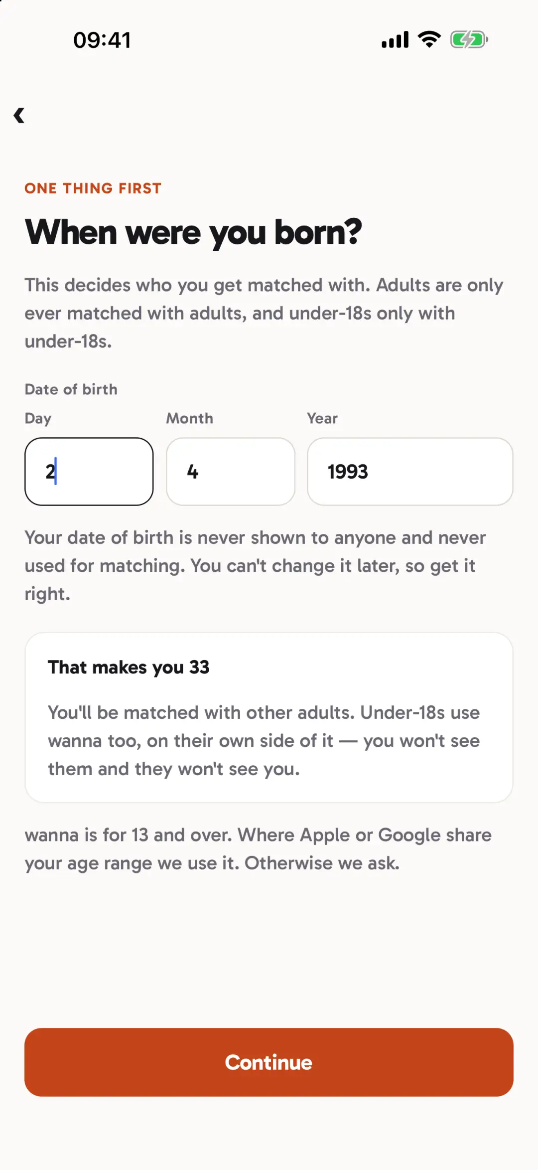 Date of birth entry during sign-up, confirming the age and that this account will be matched with other adults.
