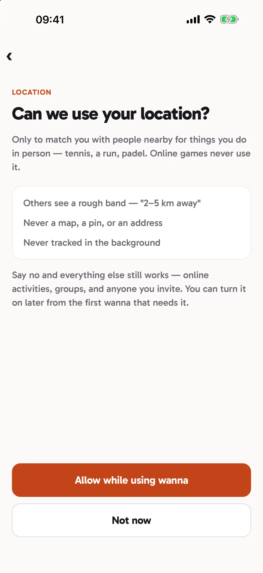 Location permission screen explaining that location is used when you post or join, and that others see only an approximate distance.