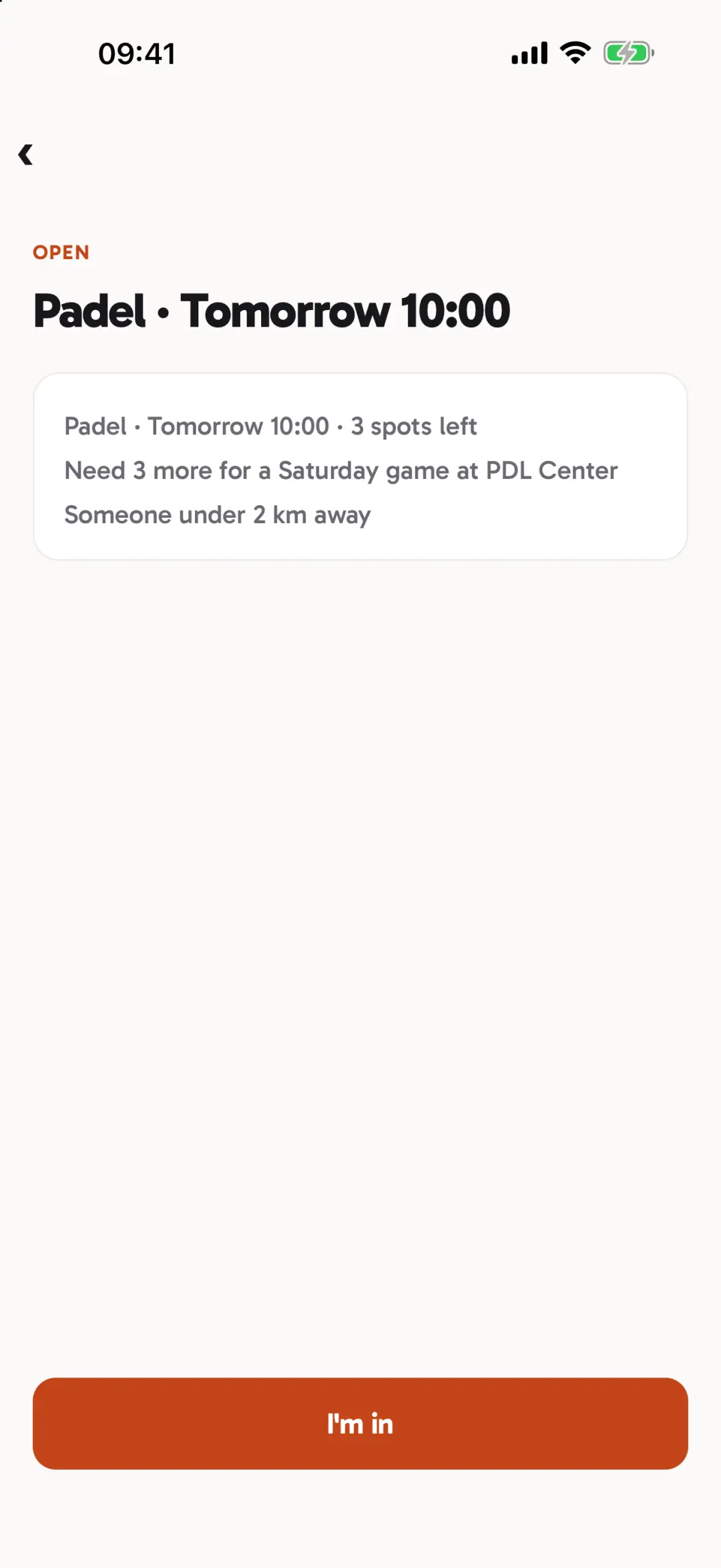 A single wanna for tennis with the time, who posted it, and an "I'm in" button.