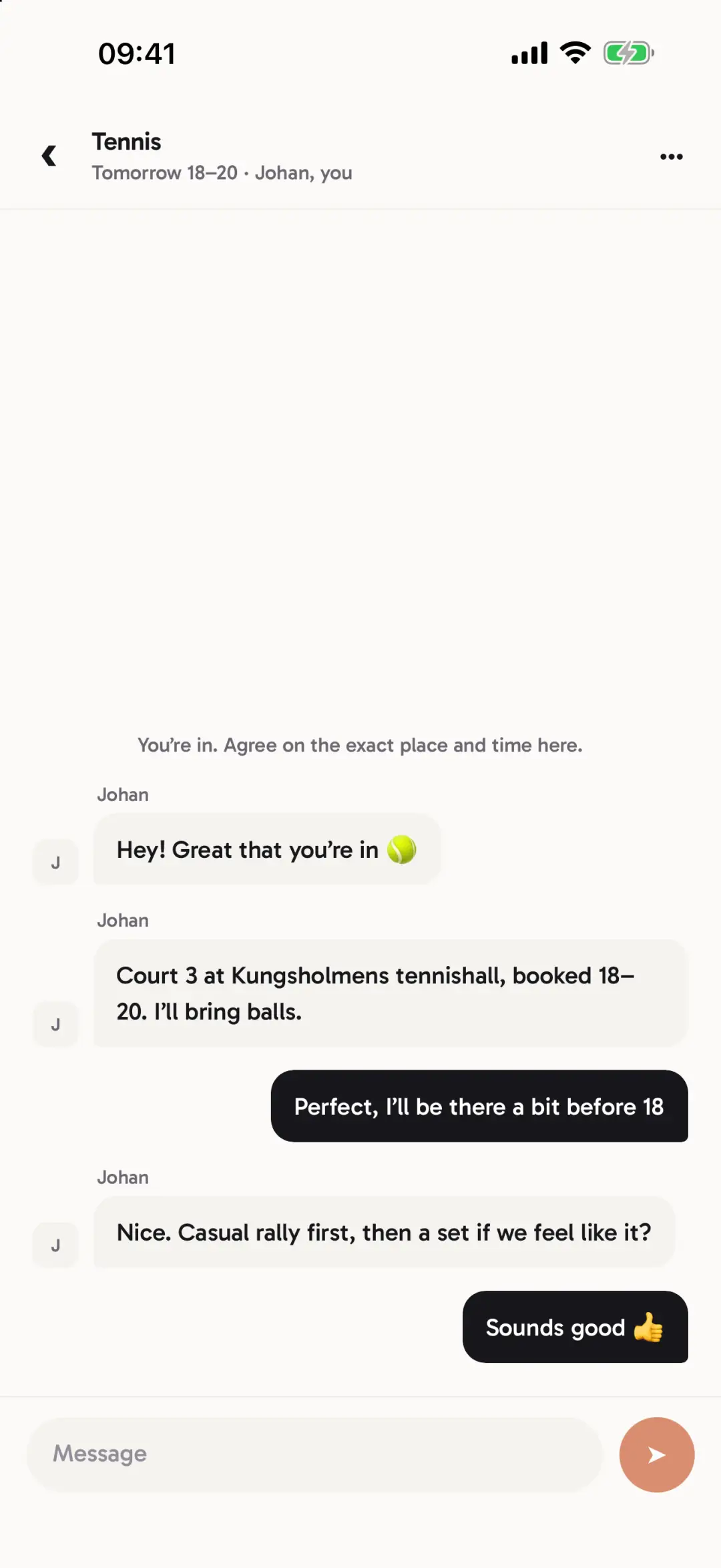 A match chat between two people arranging where to meet for tennis.