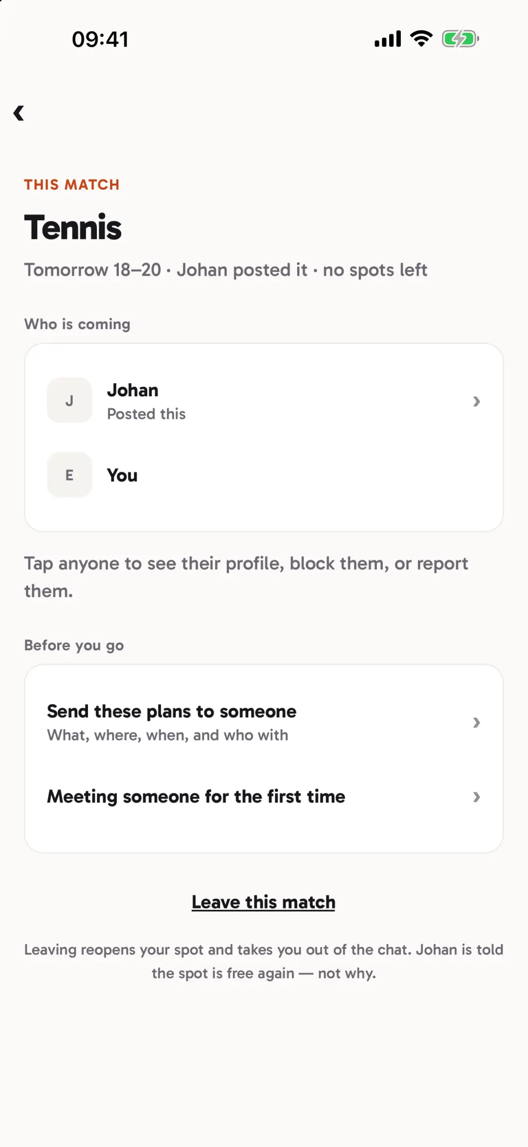 Match details showing who is coming, an option to send the plans to someone, and advice for meeting someone for the first time.