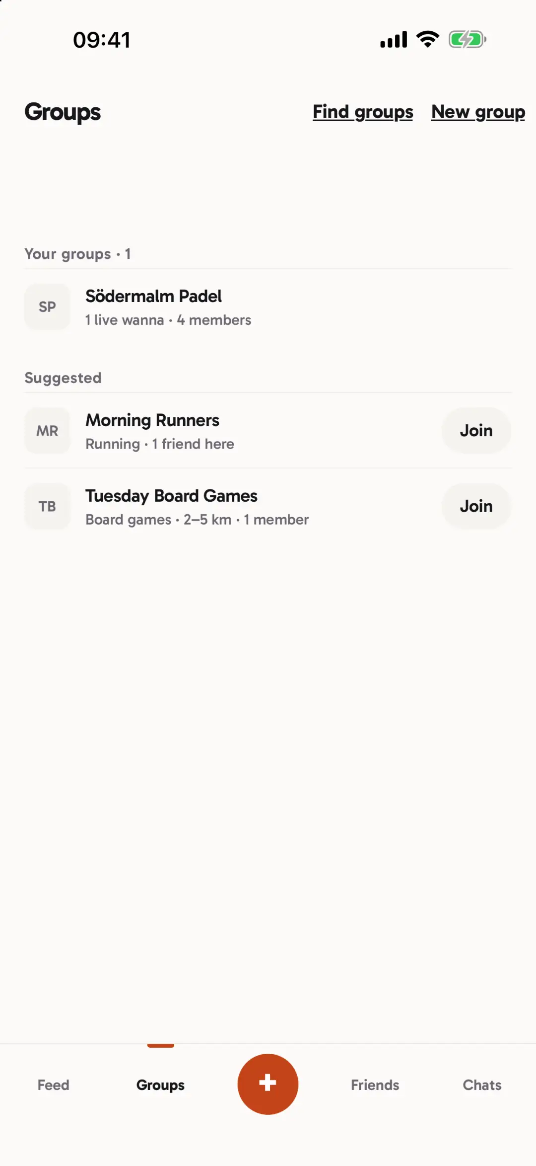 The groups tab showing a joined group and suggested groups nearby.